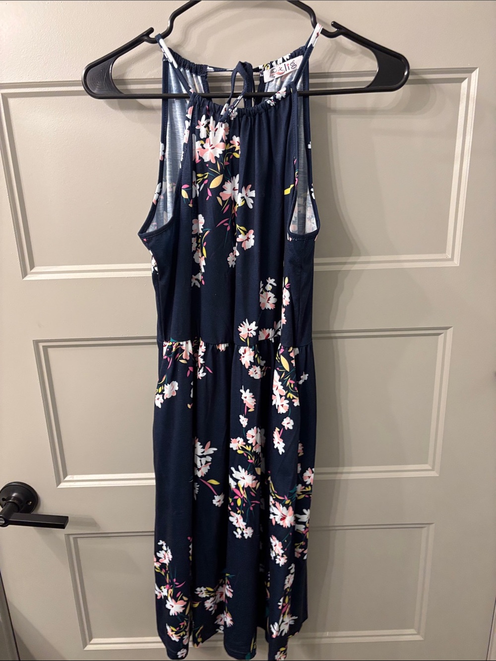 Floral Navy Midi Dress with Halter Neckline